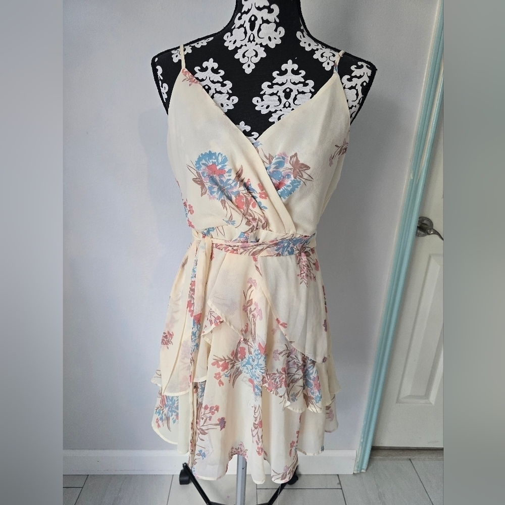 Altar'd State Cream and Blue High-Low A-Line Sundress with Spaghetti Straps